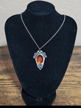 90s St Justin Cornwall Pewter Celtic Shield Pendant Necklace, Baltic Amber Stone